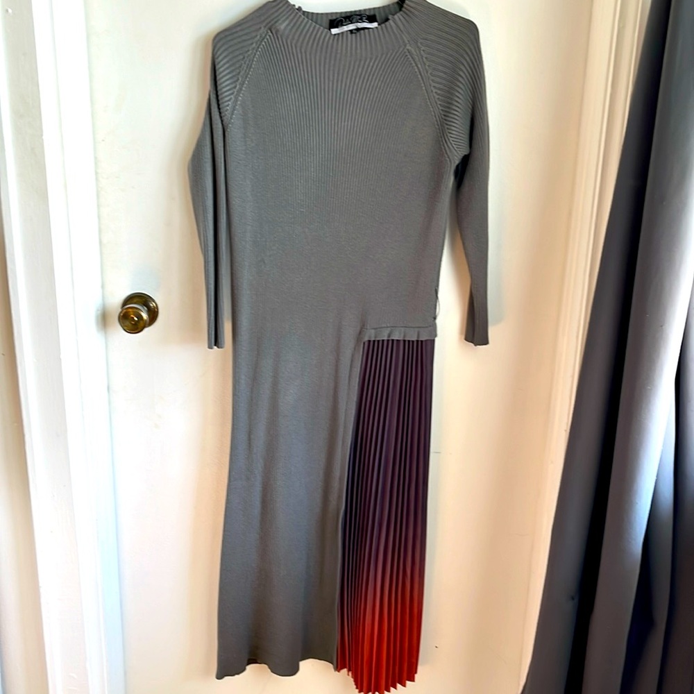 Long grey sweater dress with asymmetrical pleats NWOT